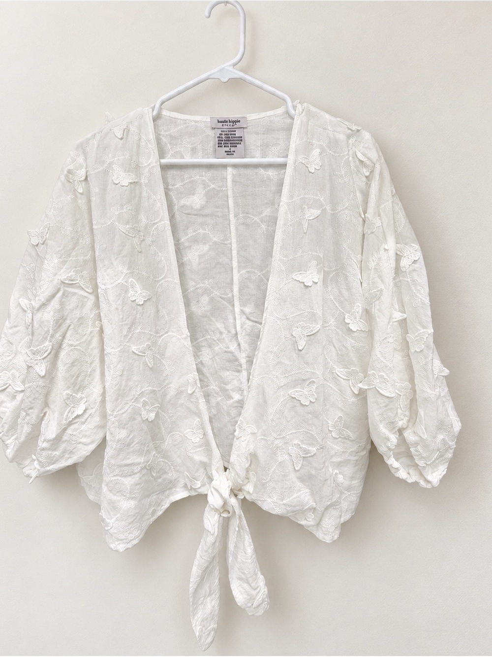 Haute Hippie White Butterfly Appliqué Tie Front Kimono Top - One Size